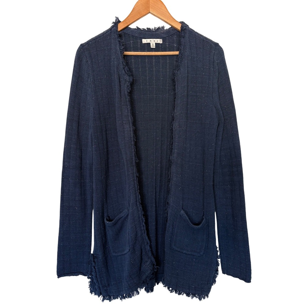 Cabi Duchess Confetti Cardigan‎ #181 Fleck Fringe Trim Cotton Knit Blue M
